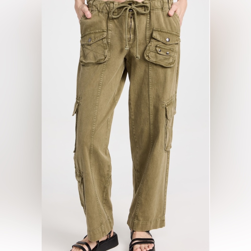 Free People Tahiti Cargo Pants Size L Olive Green Faded Look Multi Pockets